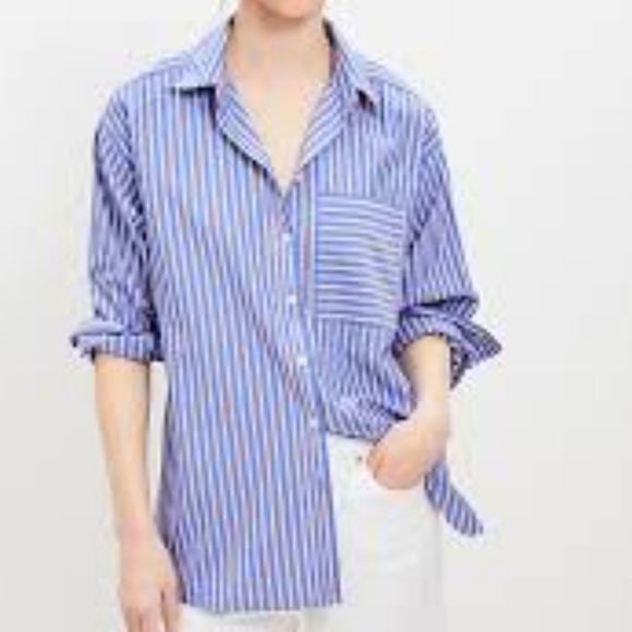 LOFT Striped Cotton Blend Oversized Casual Button Down Shirt Size Large Petite. - Picture 2 of 11